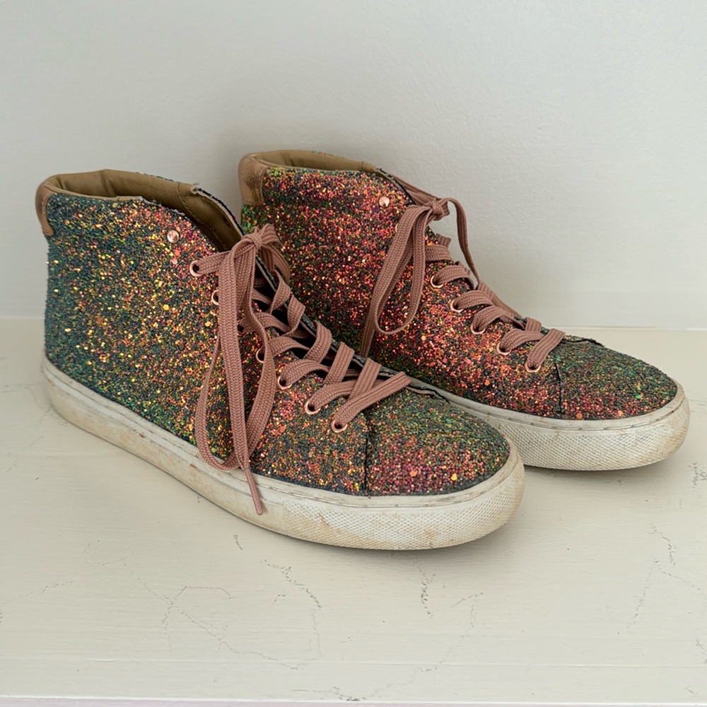 Multi colored sparkle high top sneakers size 8. Rose gold detailing.